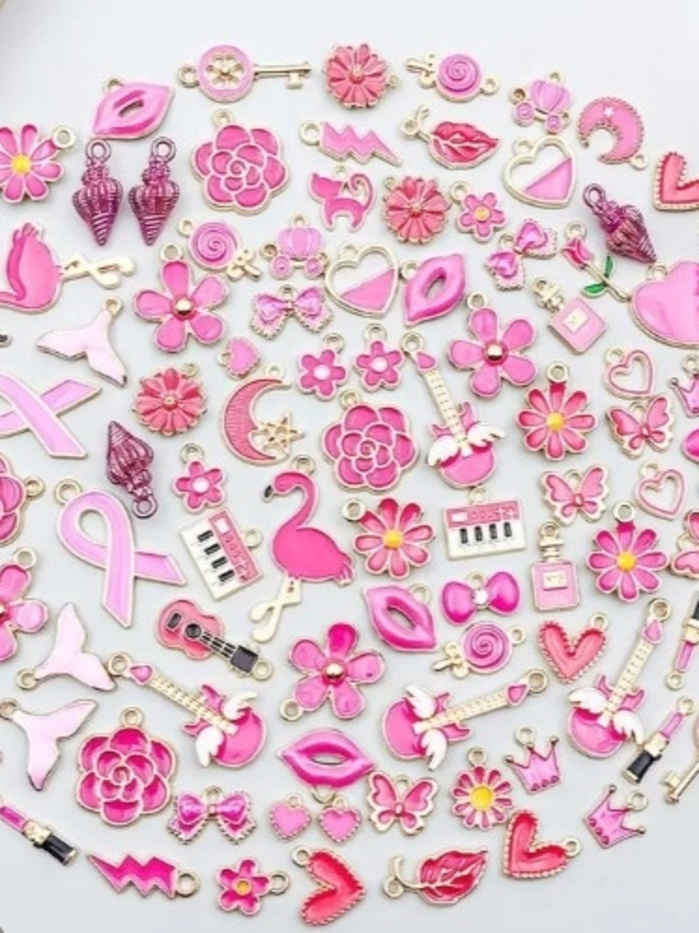 Pink Enamel Charm Mix - Floral, Hearts, Flamingo & More